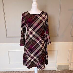 JH Women's plaid dress flare sleeve pockets soft office casual purple plum